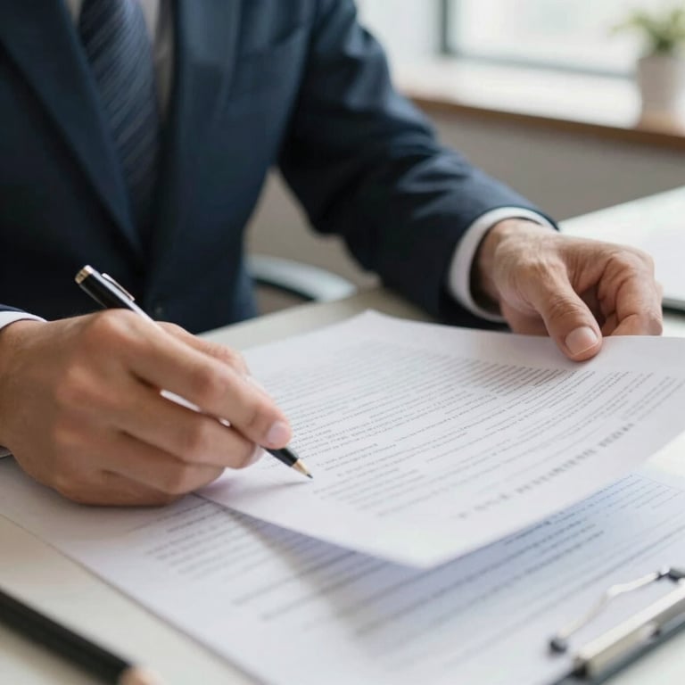 Close-up of professional reviewing financial documents, North American office, Navy accents, bright lighting, trustworthy mood.