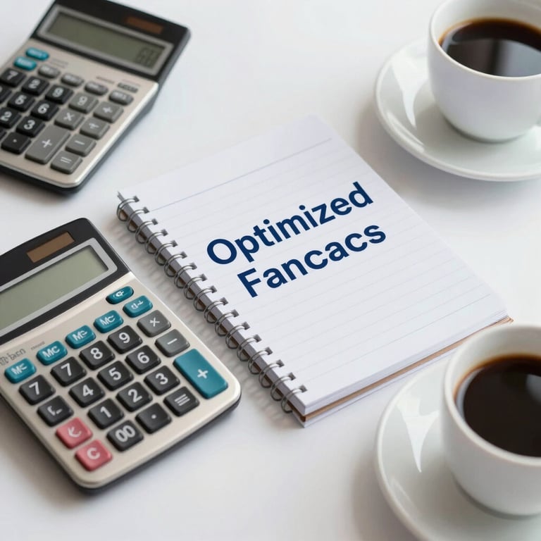 A clean, organized desk with a calculator, notebook, and a cup of coffee, symbolizing optimized finances, Blue accents.