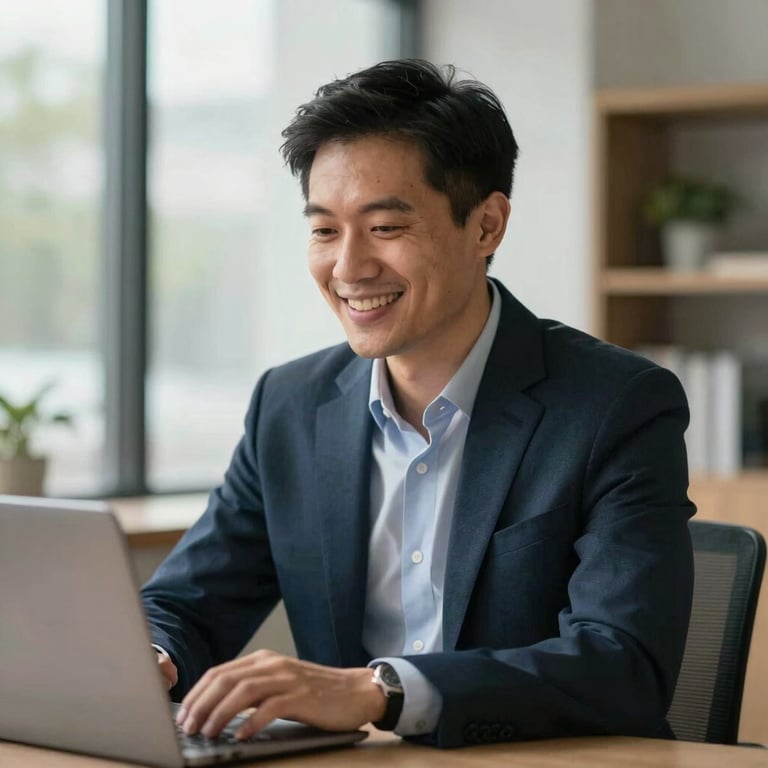 A remote consultant smiling during a video call, professional attire, North American setting, trustworthy vibe.