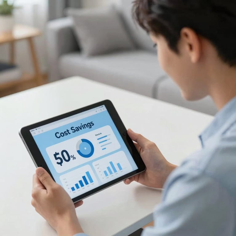 A person smiling while looking at a tablet showing cost savings, comfortable home office setting, Light Blue tones.