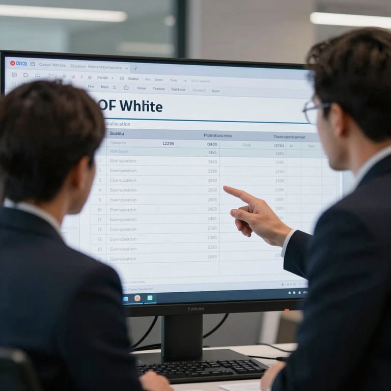 Two professionals discussing a billing structure on a screen, modern corporate environment, Off-White background.