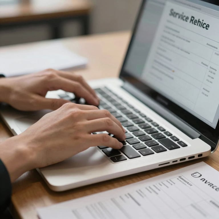 Close-up of hands typing on a laptop with service invoices on the desk, sophisticated and efficient mood.