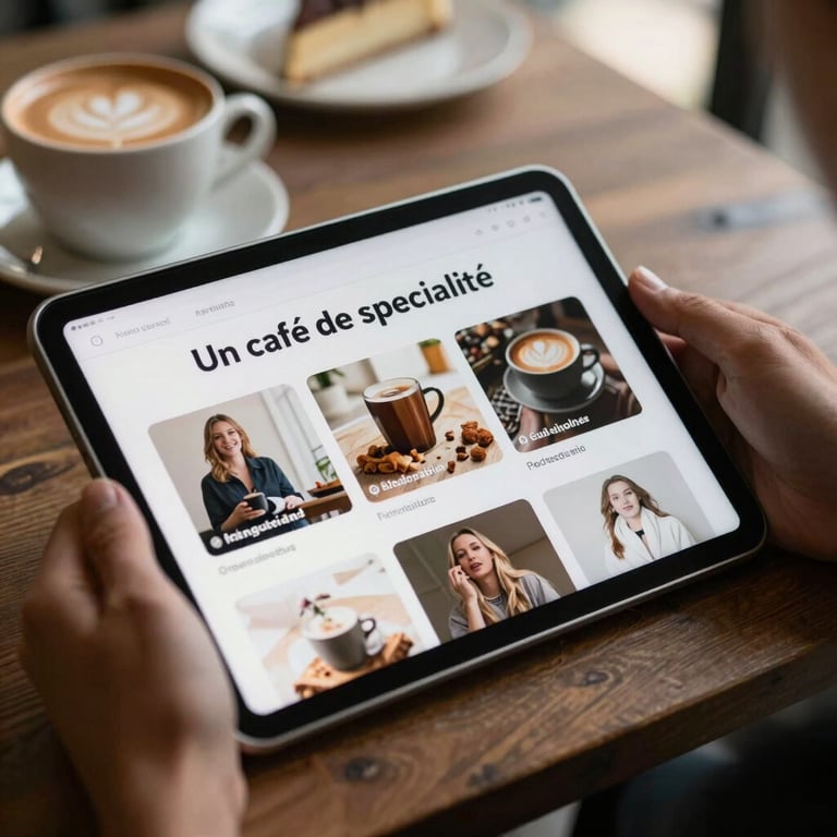 Un café de spécialité à côté d'une tablette affichant une interface de formation propre, lumière naturelle, sentiment de liberté nomade.