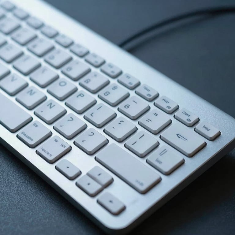 Photographie rapprochée d'un clavier d'ordinateur moderne en aluminium, éclairage tamisé Pale Blue, ambiance technologique haut de gamme.
