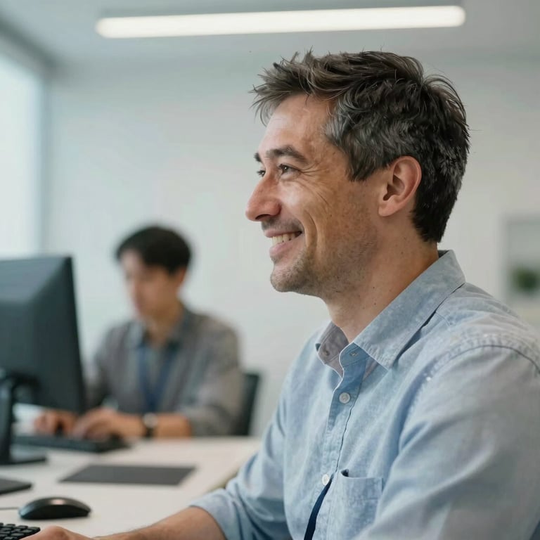 Portrait professionnel de profil d'un expert souriant dans un environnement de travail collaboratif lumineux, Soft White et Pale Blue.