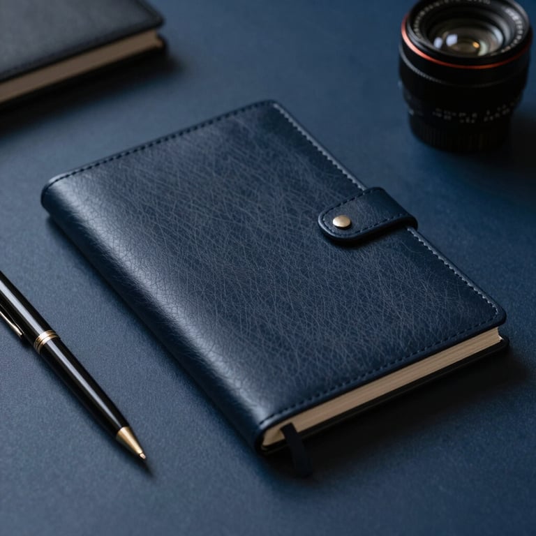 Un bureau de designer avec un cahier de notes en cuir noir et un stylo élégant, style professionnel et organisé, tons Dark Navy Blue.