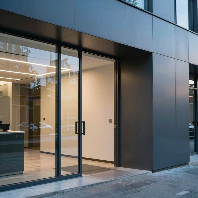 Architecture d'intérieur minimaliste d'un hall d'entrée d'entreprise avec du verre et de l'acier, reflets Steel Blue, sophistication.