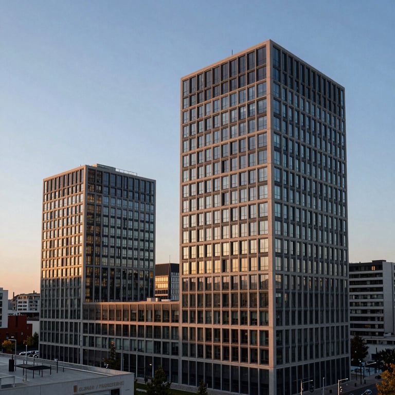 Vue panoramique d'un quartier d'affaires moderne depuis une fenêtre en hauteur, ciel clair au crépuscule, esthétique Global / Francophone.