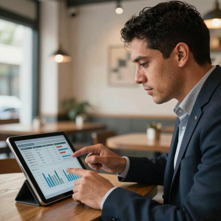 A Latinoamericano entrepreneur reviewing sales charts on a tablet in a bright, modern cafe setting.