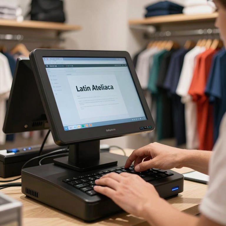 Detail of a professional hand using a high-tech point-of-sale system in a busy clothing store in Latin America.