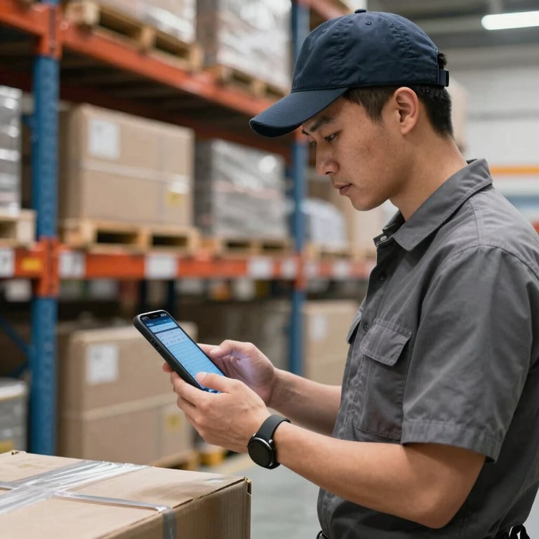 A warehouse worker in a logistics center checking shipments on a modern mobile device with precision.