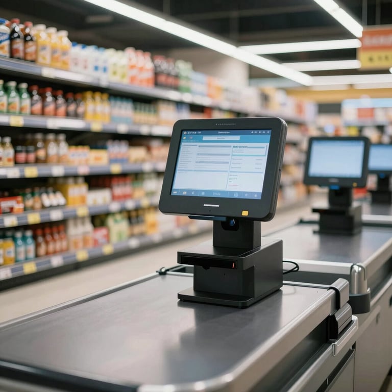 A clean view of a modern supermarket checkout lane where a digital system is integrated into the workspace.
