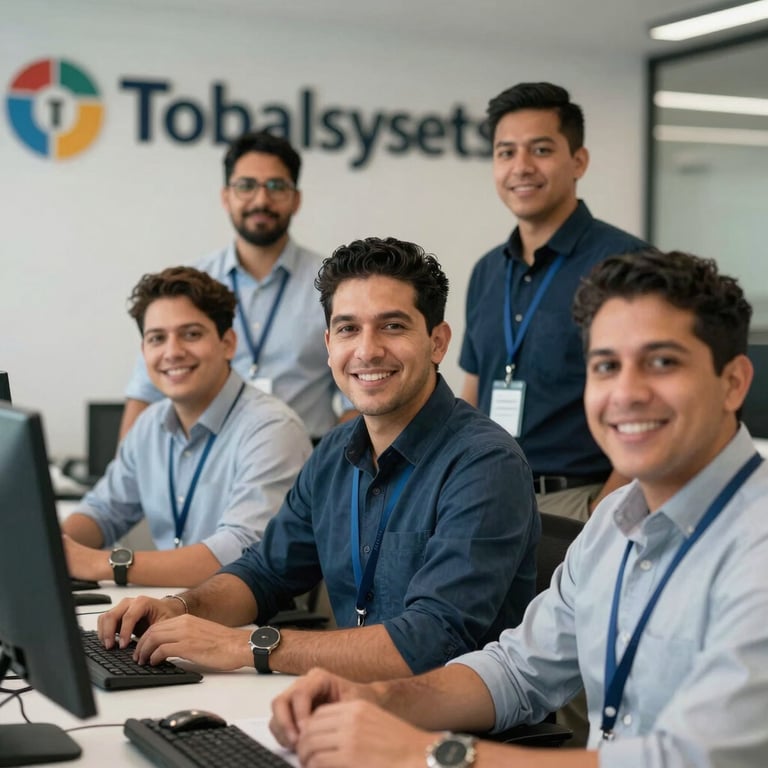 Portrait of a team of Latinoamericano IT specialists in a professional environment, representing Tobalsystems quality.