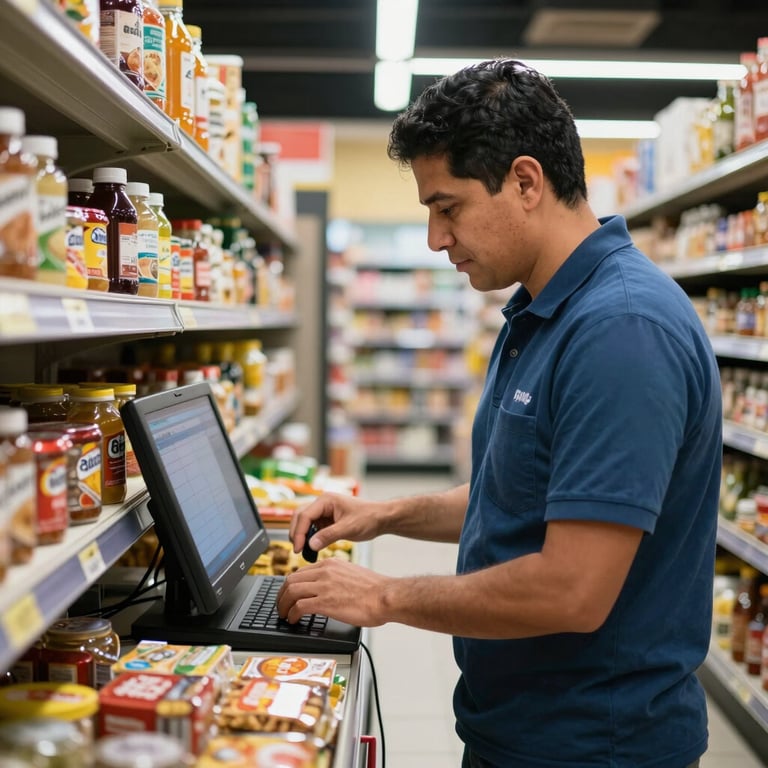 A Latinoamericano shopkeeper organizing products in a modern minimarket, looking at a digital inventory screen.