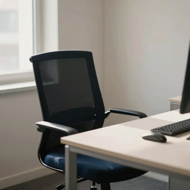 A bright, professional office corner with a deep charcoal navy chair and a clean off-white desk in natural light.