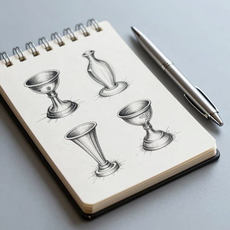 Detail of a designer's sketches on a minimalist notepad next to a silver pen on a soft silver blue background.