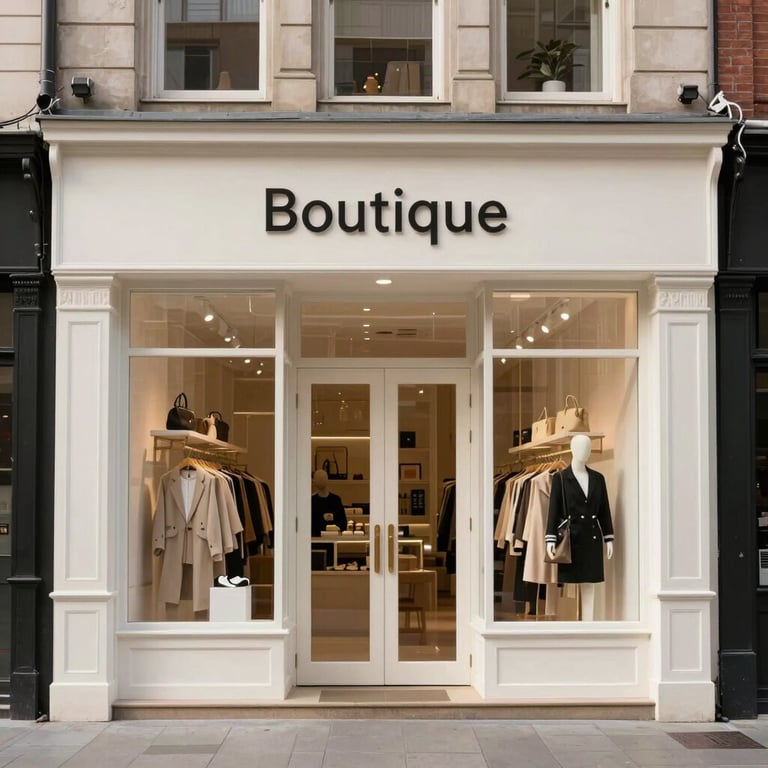 An urban storefront of a modern boutique local business, captured with a professional sharp focus in clean off-white tones.