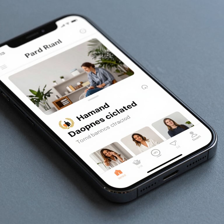 Close-up of a high-end mobile device displaying a clear, modern web layout on a muted slate blue surface.