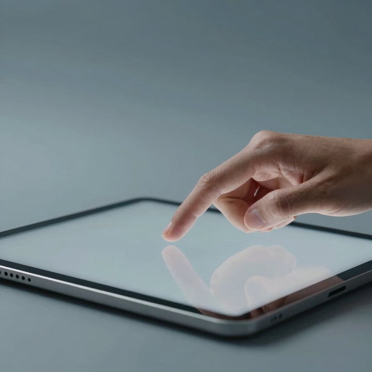Soft focus photography of a person’s hands interacting with a clean interface on a tablet, muted slate blue studio lighting.