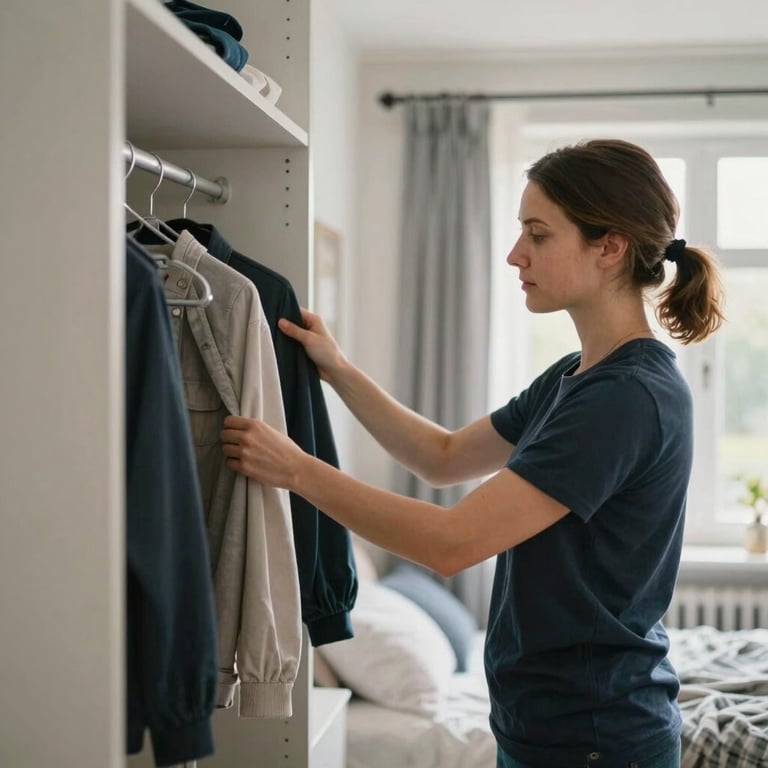 A caregiver helping to organize a wardrobe or return clothes in a bright Northern European / Dutch bedroom.