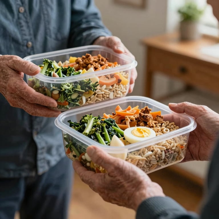 A healthy meal being delivered in a clean container to an elderly person in a cozy Dutch home setting.