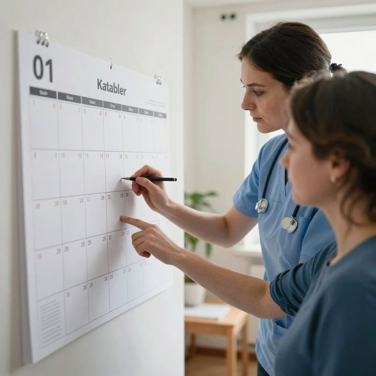 A caregiver helping a client plan their weekly schedule on a large calendar in a bright Northern European / Dutch room.