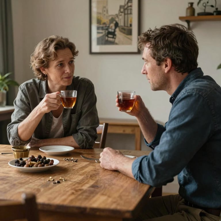 Two people sitting at a wooden table in a Dutch home, drinking tea and engaging in a warm conversation.