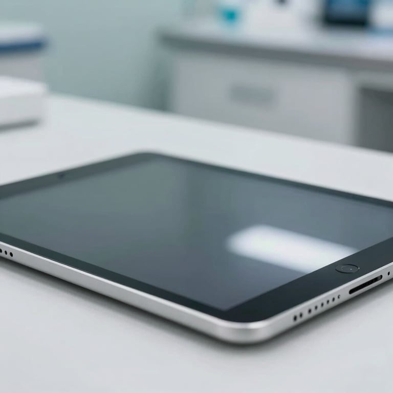 A detailed macro shot of a sleek medical tablet resting on a clean surface in a modern clinic, highlighting user-friendly technology.