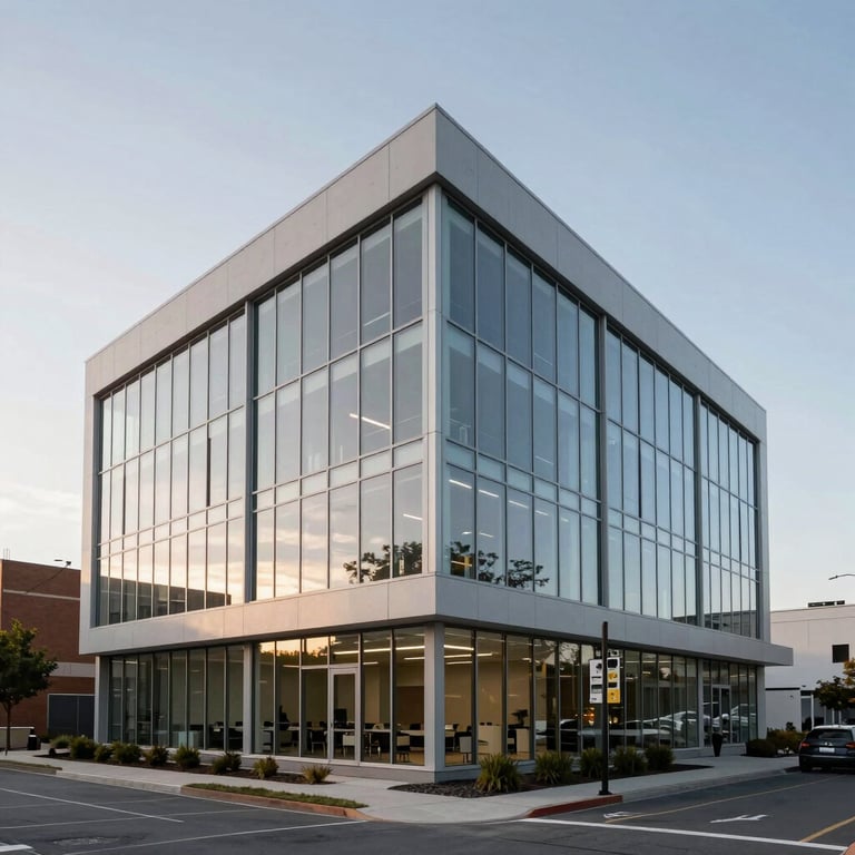 Wide shot of a minimalist healthcare tech office building in North America during the day, featuring clean glass and metal architecture.