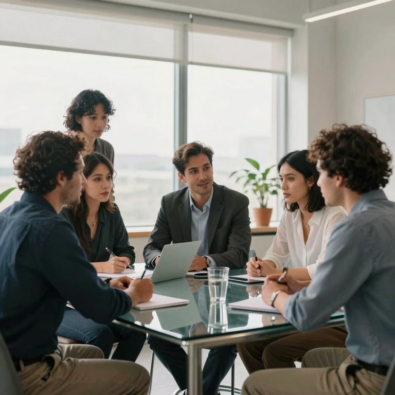 A group of diverse professionals in business casual attire collaborating around a glass table in a light-filled office, professional and innovative mood.