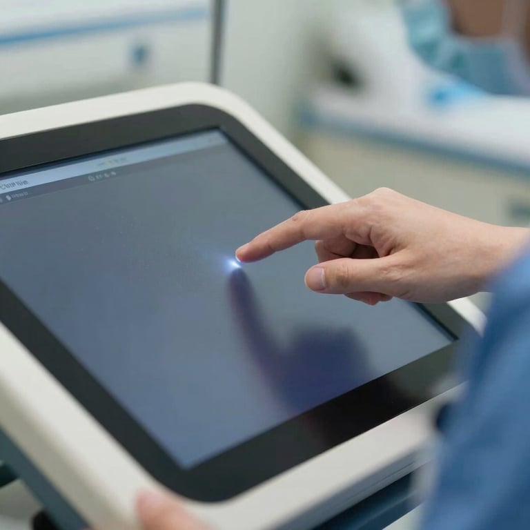 A close-up of a healthcare provider’s hand interacting with a modern touch-screen interface in a US hospital, clinical dark blue and off-white lighting.