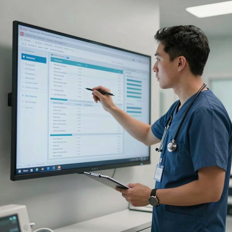 A healthcare manager in a modern North American clinic reviewing analytics on a large wall-mounted monitor, demonstrating digital efficiency.
