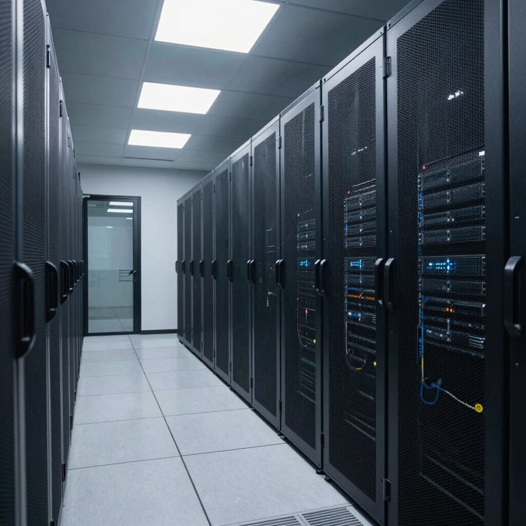 A secure, well-lit data center hallway with rows of servers, representing the reliability and scalability of cloud health systems.