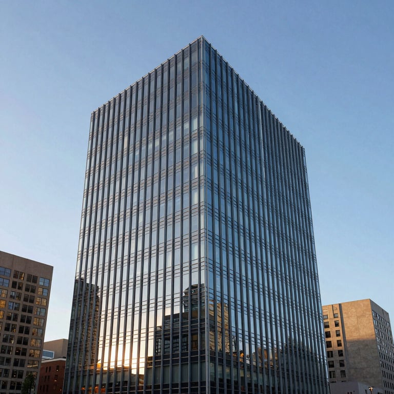 An architectural shot of a modern glass building in a North American / US financial district under a clear sky blue morning.