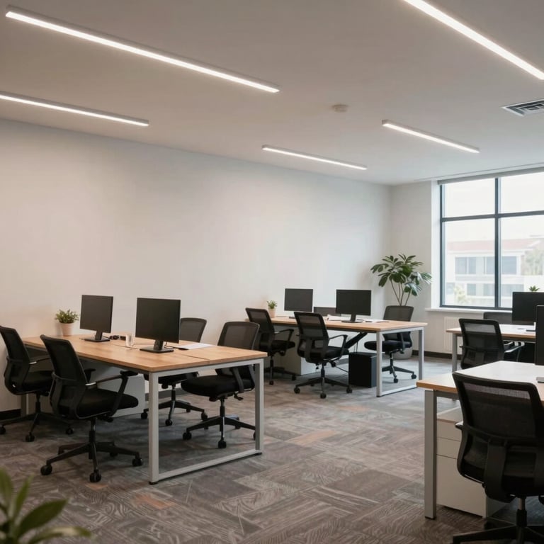 A wide shot of a modern, open-plan North American / US creative agency with minimalist decor.