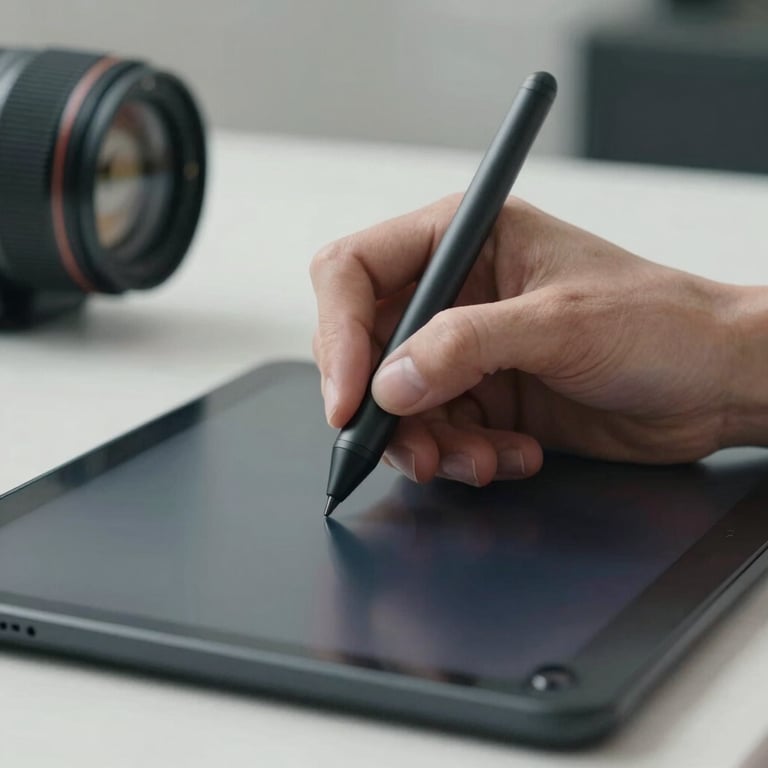A close-up of a designer's hand using a stylus on a tablet in a bright North American / US studio, steel blue lighting.