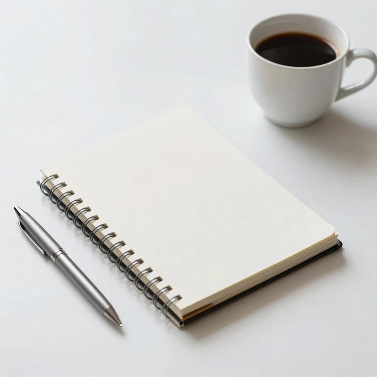 A minimalist desk setup with a notebook, pen, and coffee cup on a pearl white surface.
