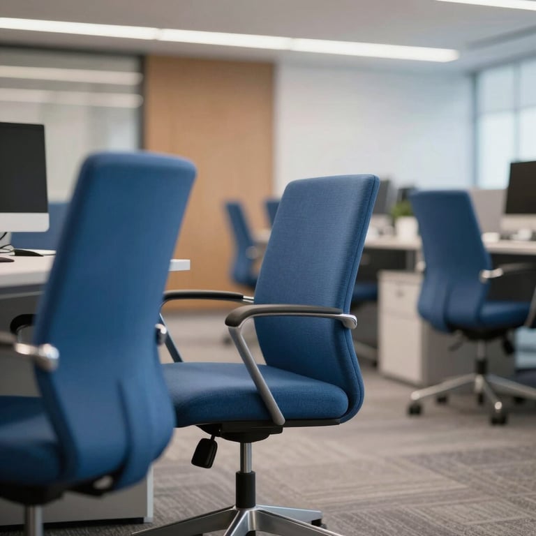 Blurred background of a professional North American / US office space with modern sky blue chairs.