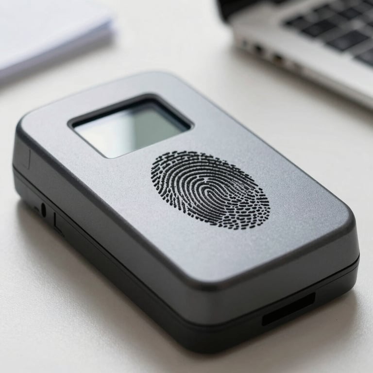 Close-up of a secure biometric fingerprint scanner on a clean desk, bright daylight, sharp focus on the scanner surface