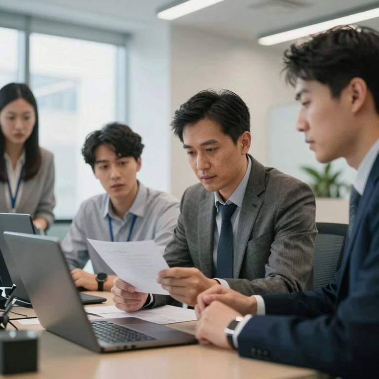 A group of diverse professionals in a bright East Asian / Chinese office setting discussing technical specifications.