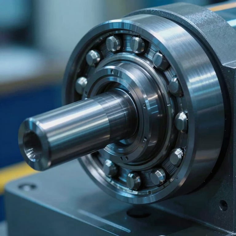 Detailed view of a machine spindle with integrated bearings in operation, cool steel blue lighting.