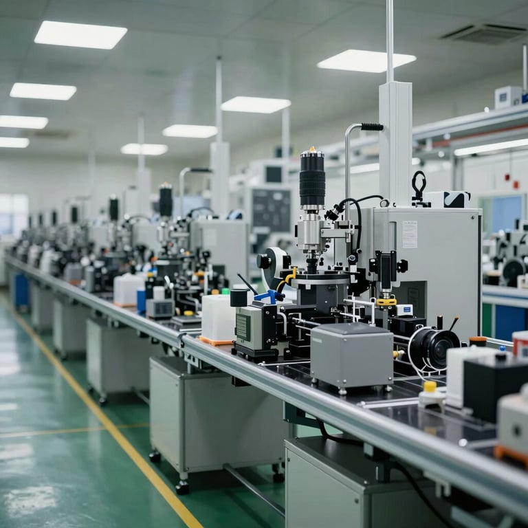 A wide shot of a clean, automated production line in a high-tech East Asian / Chinese factory environment.