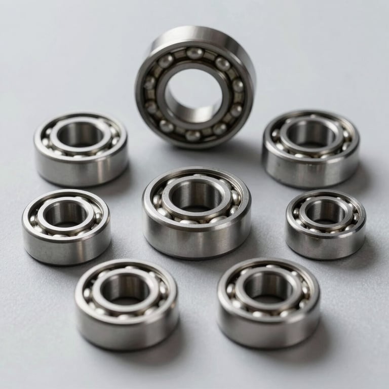 Macro shot of various stainless steel bearings arranged neatly on a mist gray surface.
