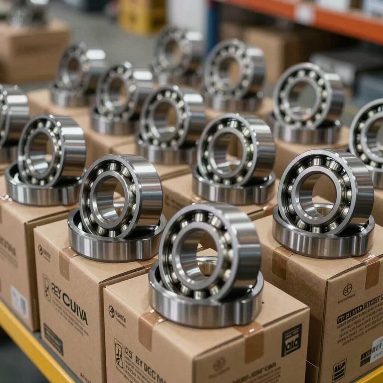 Rows of high-quality industrial bearings packaged in branded boxes within an organized East Asian / Chinese warehouse.