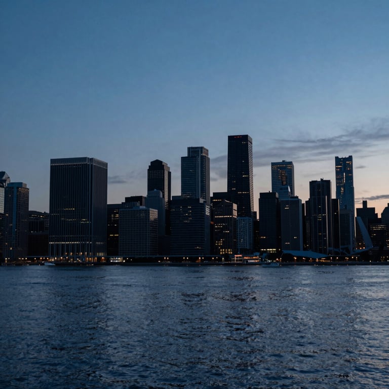 A wide photograph of a tranquil North American / US city skyline during twilight, dominated by Dark Midnight Navy and Prussian Blue tones, symbolizing stability and calm.