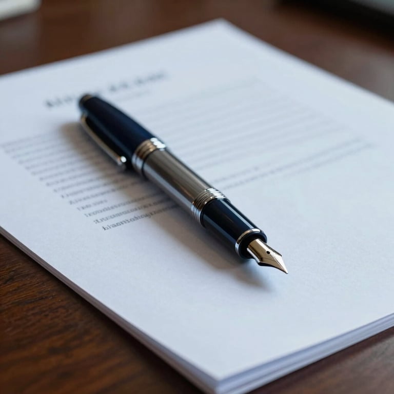 Detail shot of a fountain pen resting on a formal document in a North American / US boardroom, featuring Soft Alice Blue paper and Dark Midnight Navy accents.
