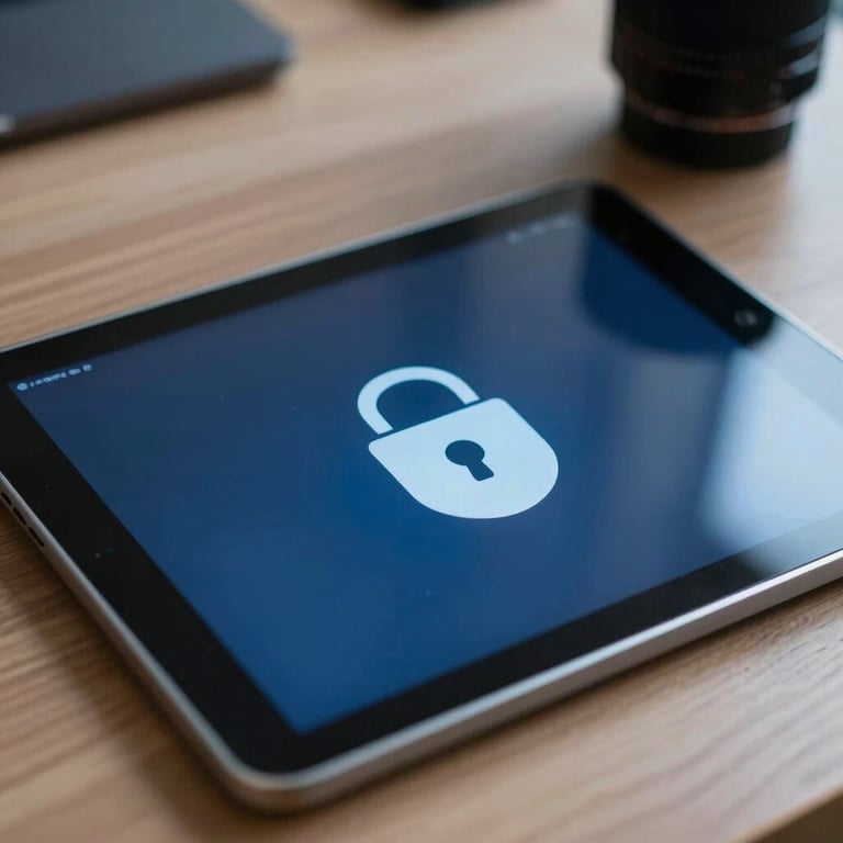 A macro photograph of a secure encrypted tablet screen on a desk in a North American / US office, with soft Prussian Blue light reflecting off the surface.