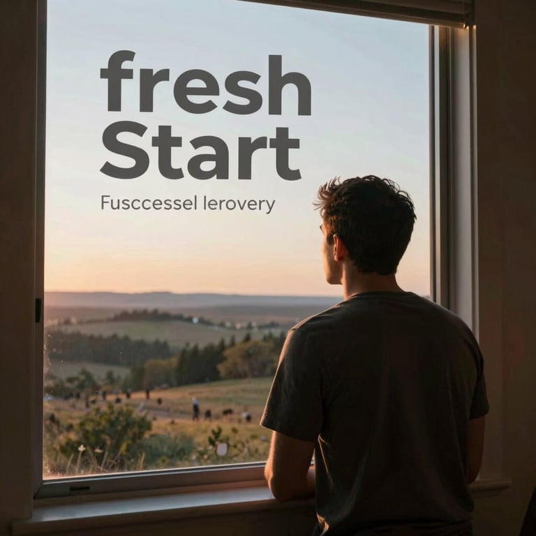An individual looking out of a window over a peaceful North American / US landscape at sunrise, symbolizing a fresh start and a successful recovery journey.