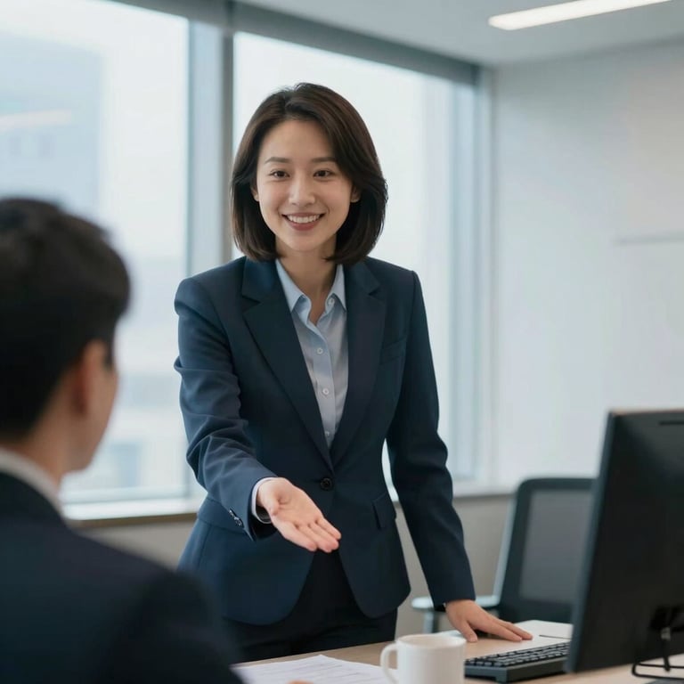 A professional consultant offering a reassuring gesture within a bright North American / US executive suite, clean aesthetic with Serene Sky Blue accents.