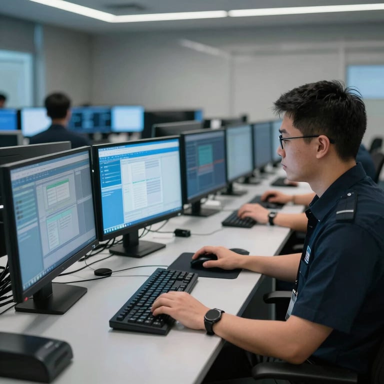 A modern, high-tech secure operations center in a North American / US city, with glowing Serene Sky Blue monitors and a focused professional working efficiently.